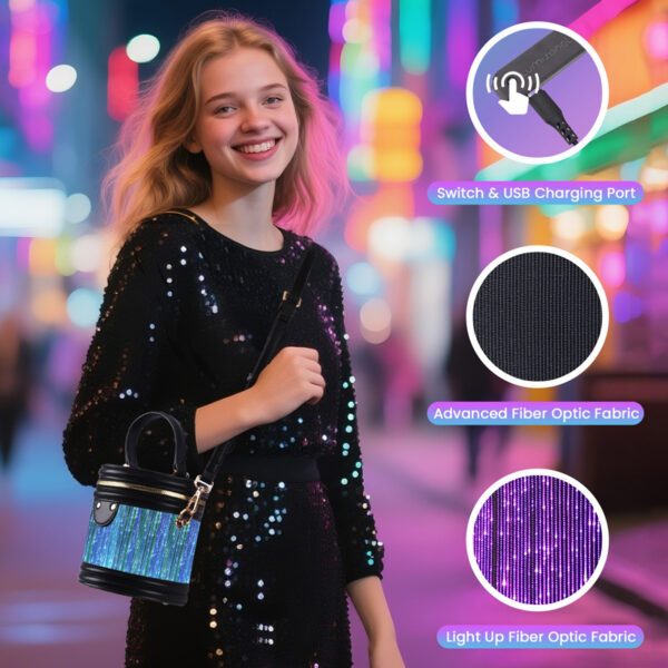 Led Light Up Small Bucket Purse Womens Shoulder Handbags Leather Mini Bucket Bag - Lumisonata - 画像 (7)